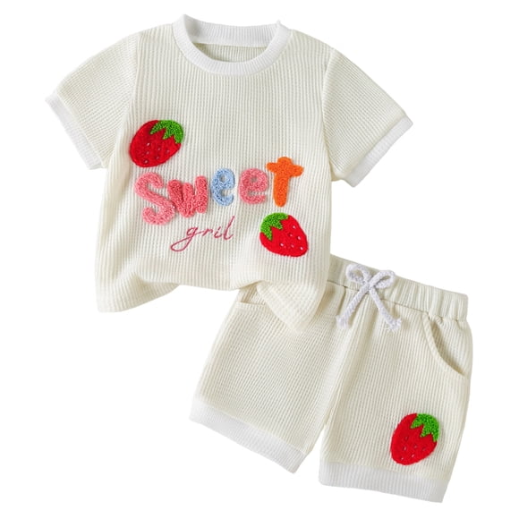 Splozh Summer Outfits Baby Girl Summer Clothes Short Sleeve Strawberry Embroidered T Shirt Tops Pockets Shorts Set Toddler Outfit Beige,12-18 Months