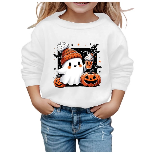 GDREDA Chandails à Capuchon et Chandails pour Filles, Mignons, Imprimés, Col Rond, Manches Longues, Mode Halloween pour Enfants, Blanc, 2-3 Ans