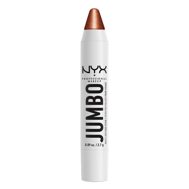 NYX PROFESSIONAL MAKEUP Jumbo Multi-Use Face Stick highlighter in Blueberry Muffin, a white twist-up stick with black text and a shimmery bronze pearl finish tip, designed for easy application on cheeks, lips, nose, and face with a smooth, vegan formula for an all-over glow.