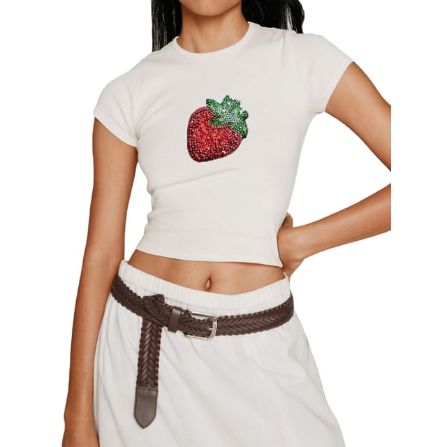 EYIIYE T-Shirts à Col Rond Aguichant pour Femmes, Manches Courtes, Hauts Courts, Blouses Mignonnes, Imprimé Fruit/grenouille, T-Shirts Ajustés, Mode Décontractée, Vêtements Mode Urbaine pour Adolescentes, Été, Quotidien