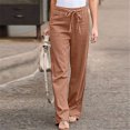 thumbnail image 2 of SHOPESSA Women Solid Color Cotton Linen Pants Sashes Straight Casual Long Pants Loose Fit Drawstring Trousers, 2 of 4