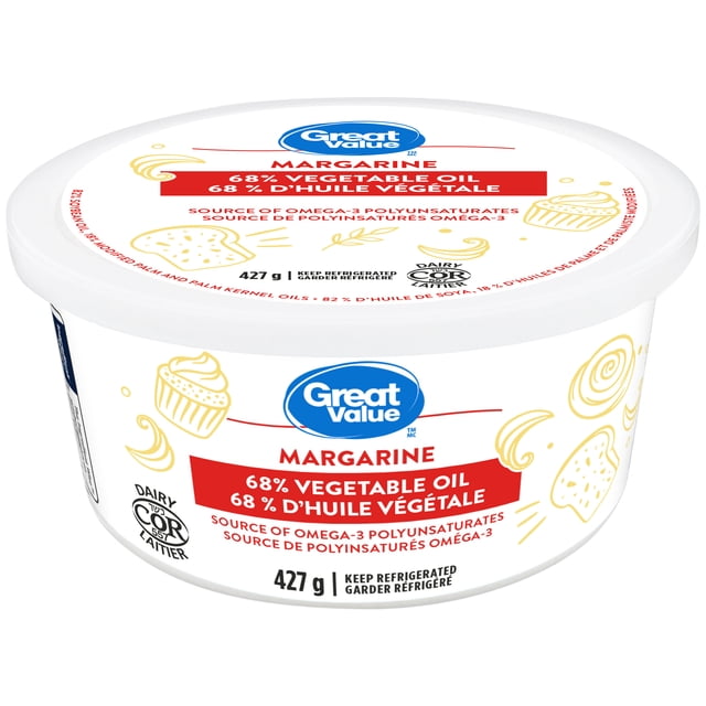 Great Value 68% Vegetable Oil Margarine is a smooth, creamy spread made with 68% vegetable oil and a source of omega-3 polyunsaturates. Kosher product of Canada; ideal for spreading on toast, baking or cooking and suitable as a butter substitute for recipes.