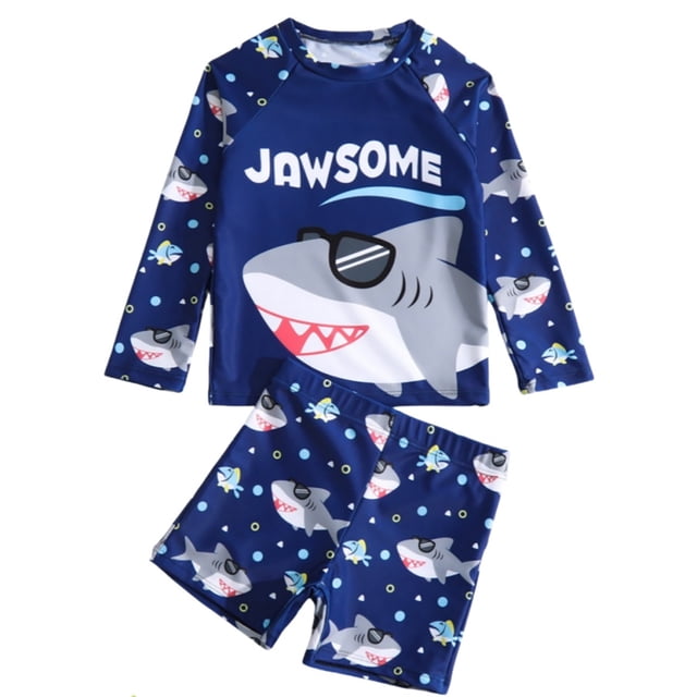 PMVFHDE Toddler Boys' 2-Piece Swim Set - Long Sleeve Rash Guard & High-Waist Quick-Dry Trunks with Cartoon Animal Print for Beach/Pool 3-Blue,1-2 Years