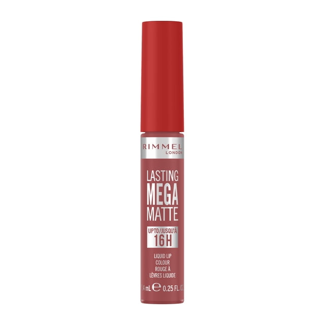 Rimmel Lasting Mega Matte Rouge à Lèvres Liquide en rose Atténuée avec Capuchon Rouge, 0,25 fl oz (7,4 ml), Doté d'Une Formule Végane Enrichie de Squalène Hydratant et d'Huile de Coco pour jusqu'à 16 Heures de Couleur Mate Confortable et Longue Durée.