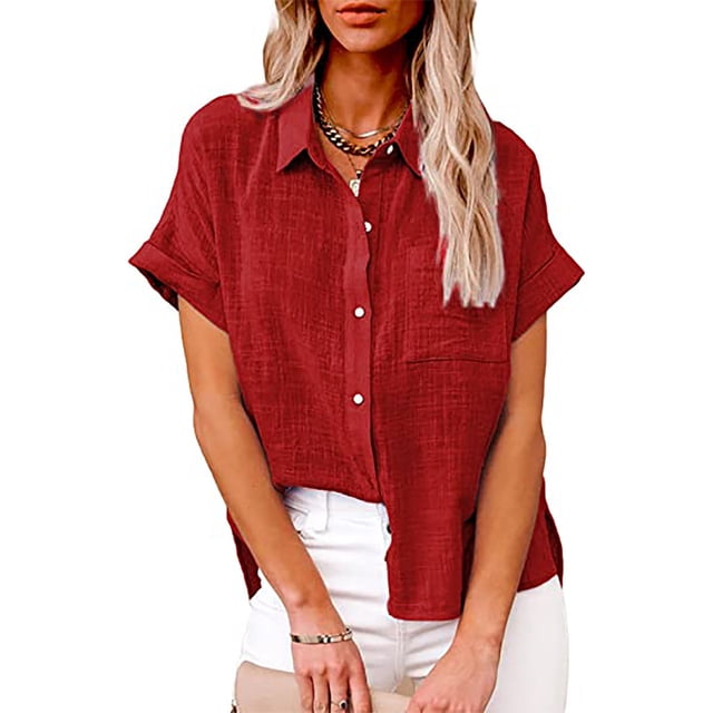 DPTALR Women's Tops Solid Button Shirt Female V-Neck Loose T-shirt Blouse Tops