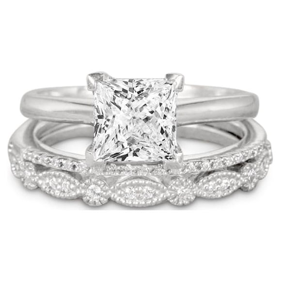 JeenMata 2 Carat Princess Wedding Ring Set - Bridal Set - Wedding Trio Set - Engagement Ring - Art Deco Ring - Promise Ring - Sterling Silver