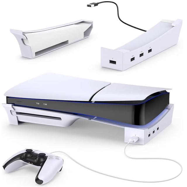 Horizontal stand for PS5 Slim console with 4-port USB hub, designed for both disc and digital editions of the 2023 PlayStation 5 Slim. The stand features a durable ABS plastic build with non-slip silicone pads for stability, a raised platform for enhanced cooling, and four USB 2.0 ports for data transfer and charging. Shown in white, the stand supports a horizontally placed PS5 Slim console and includes a connected DualSense controller for charging.