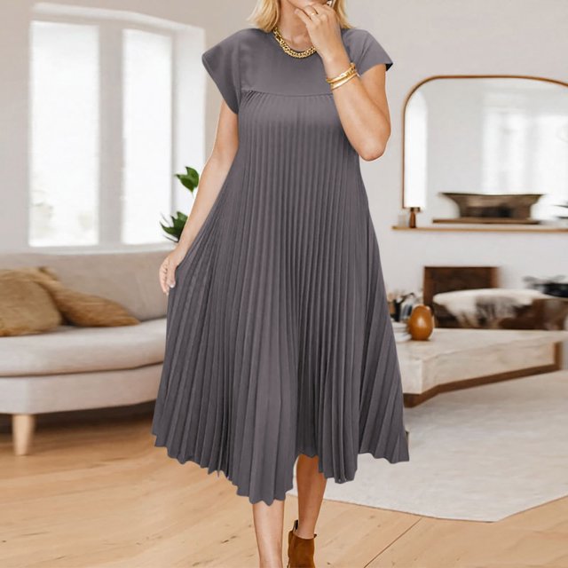 Ovzne Robes d'Été pour Femmes Robe de Plage Robe pour Femmes Grande Taille Décontractée à Manches Courtes Mi-Longue Plissée Taille Haute Robe de Couleur Unie Robe d'Été à Manches Courtes Liquidation
