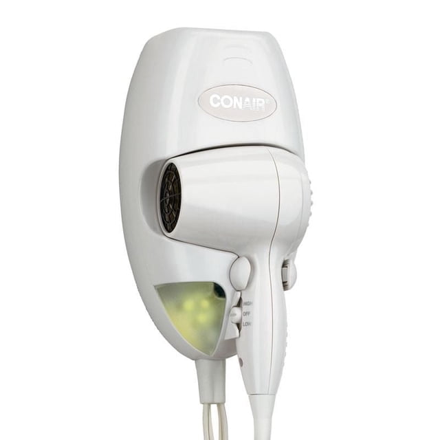 Conair Séchoir Mural Compact de 1600 Watts en Blanc, Monté avec le Sèche-Cheveux Fixé au Mur. Il Offre Deux Réglages de Chaleur et de Vitesse, une Veilleuse DEL pour la Visibilité et un Filtre à air Amovible sur la Poignée. Convient comme Outil de Coiffage pour les Soins Personnels pour les Espaces Compacts.