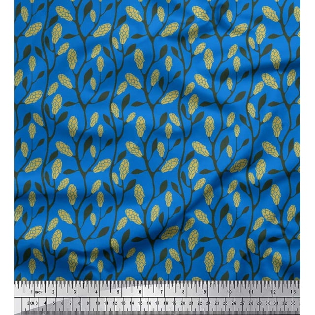 Soimoi Blue Poly Georgette Fabric Leaves & Clover Floral Decor Fabric Printed Yard 52 Inch Wide