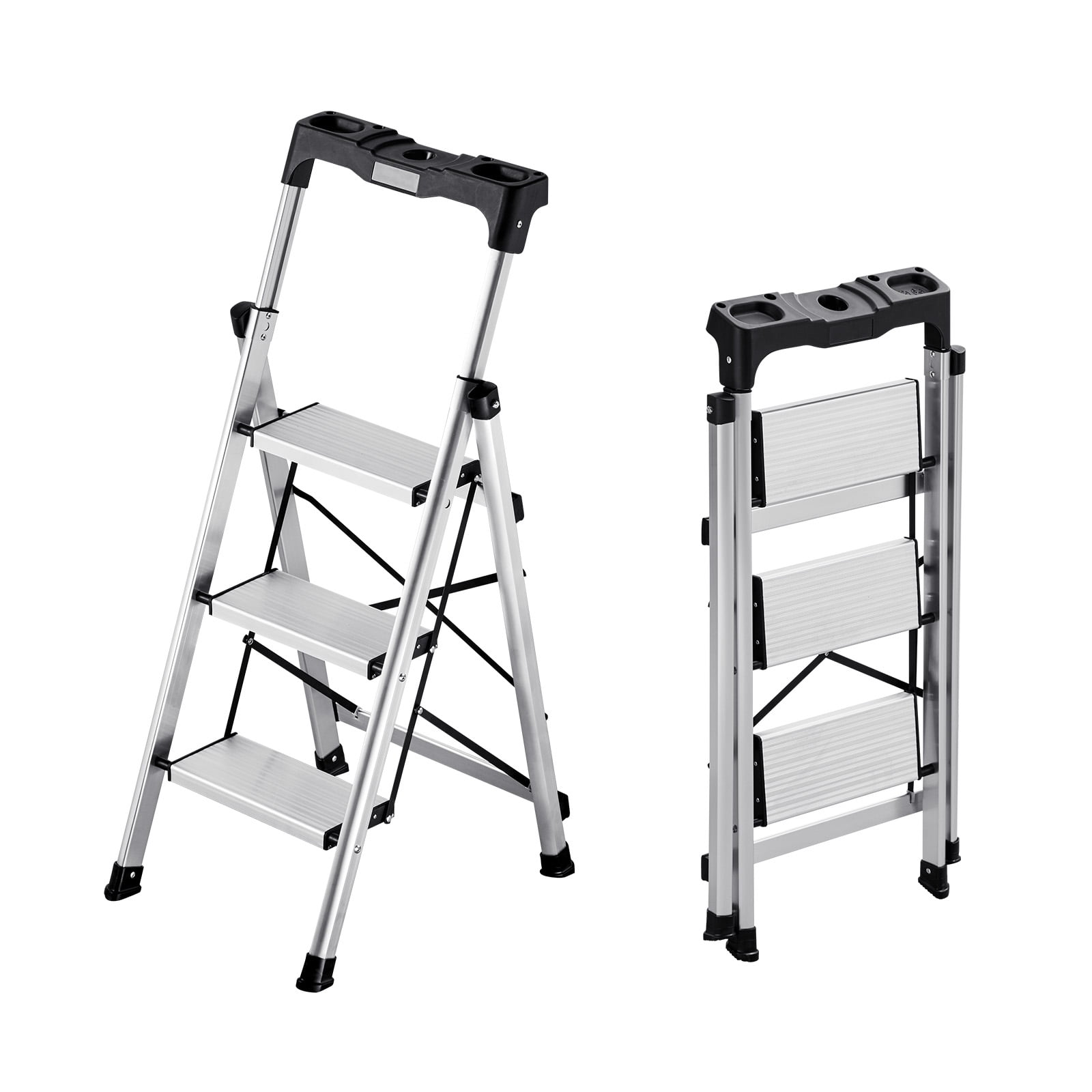 KFFKFF 3 Step Ladder, Folding Step Stool with Wide Anti-Slip Pedal and Comfort Handgrip, 330 lbs Capacity Portable Aluminum Stepladder, Multi-Use for Kitchen, Silver