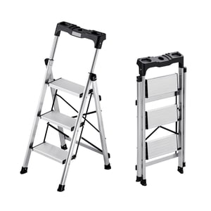 KFFKFF 3 Tabouret pas pliant avec large pédale antidérapante et poignée de confort, 330 lbs Capacité Portable en Aluminium Stepladder, Multi-Use pour la cuisine, Argent