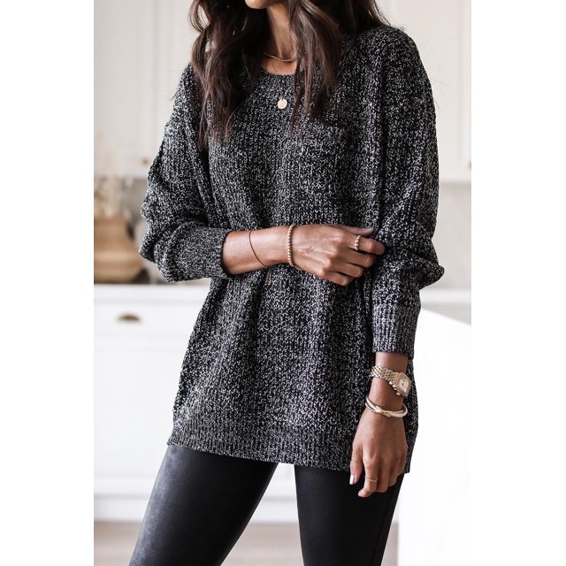 FOLUNSI Sparkling Black Glitter Sweater featuring a tunic-length design with a cozy crew neck and ribbed trim. The sweater showcases a flattering shift silhouette with a shimmering black and white glitter texture, styled with black leggings for a chic, versatile look. Ideal for casual or semi-formal winter occasions.