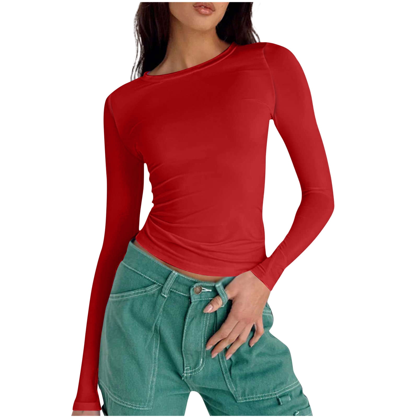 AherBiu Womens Tops Fall Long Sleeve Crewneck Basic Layering Cropped Tops Slim Tight Stretchy Tshirts