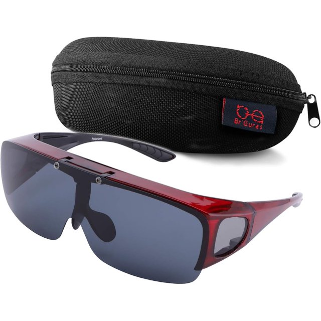 GFDYREE Fit Over Polarized Sunglasses with flip-up lenses for men and women, featuring a matte black frame with red accents and UV400 protection. Designed to fit over prescription or reading glasses, these durable sunglasses include adjustable nose pads for comfort and reinforced hinges for sturdiness. Ideal for outdoor sports like fishing, hiking, and driving. Comes with a black zippered carrying case for storage.