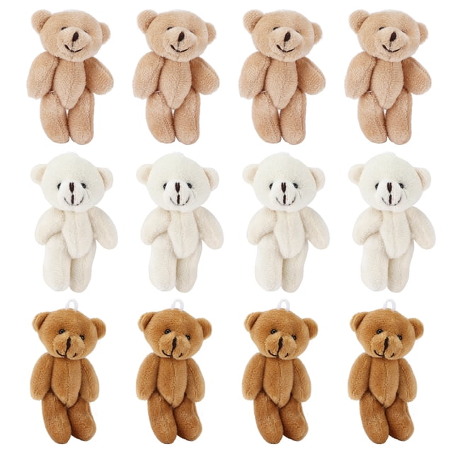 12 Pcs Mini Stuffed Bears Comfortable Soft Cute Mini Teddy Plush Toy for Wedding Birthday Decorations. This set of 12 plush toys features small teddy bears made of PP cotton and artificial velvet, measuring approximately 9 x 4.5 x 4 cm. Lightweight and equipped with a ring for hanging, they are ideal for key pendants, gifts, wedding decorations, birthday parties, cake gift boxes, and carnival supplies. Perfect for plush toy collectors or as mini teddy bear decorations.