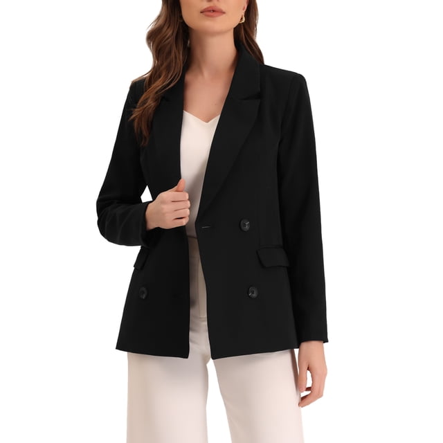 INSPIRE CHIC Women's Jacket Notched Lapel Double Breasted Padded Shoulder Blazer S Black-Solid