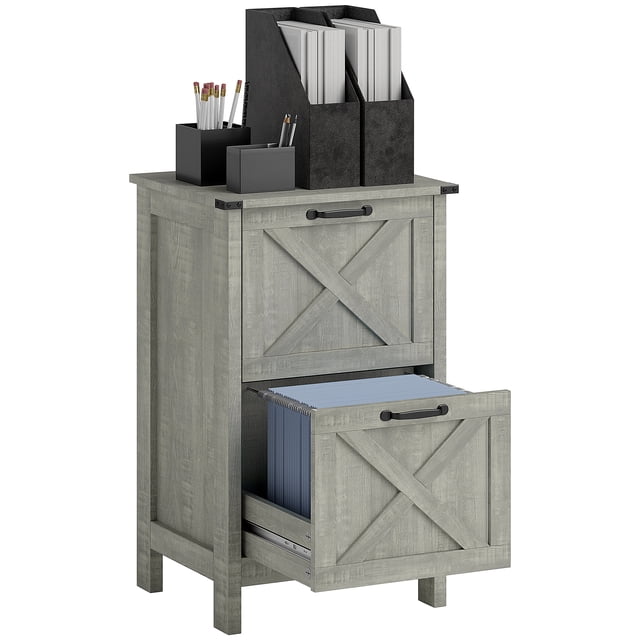 HOMCOM File Cabinet with 2 Drawers Filing Cabinet for A4 Letter in stone grey. This rustic farmhouse-style cabinet features a barn door design with a distressed wood finish and black metal accents. It includes two spacious drawers with adjustable bars for A4 or letter-sized files, shown with one drawer open holding blue file folders. The cabinet is made of particleboard, supports up to 77 lbs, and has a scratch-resistant veneered surface. Ideal for organizing office supplies or serving as a printer cabinet.