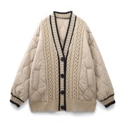 EGNMCR Womens Long Puffer Coat, Long Sleeve Padded Winter Down Coats, Hooded Parka Jacket Women's Winter Cotton-Padded Three-Color Knitted Splicing V-Neck Loose Version Cotton-Padded Jacket Women Coat