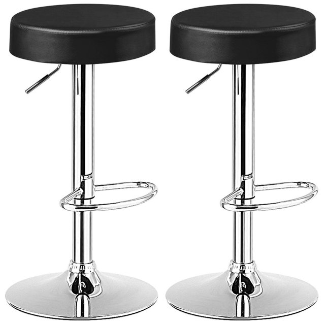 Giantex 2 PC Bar Stool set featuring modern swivel backless round barstools with black PU leather seats and chrome footrests. The stools have a height-adjustable design with a pneumatic handle, sturdy metal frames, and a circular chrome steel base with a rubber ring to prevent floor scratches. Each stool includes a built-in footrest for added comfort and a 360-degree swivel seat. Suitable for kitchens, dining areas, bistros, or pubs.