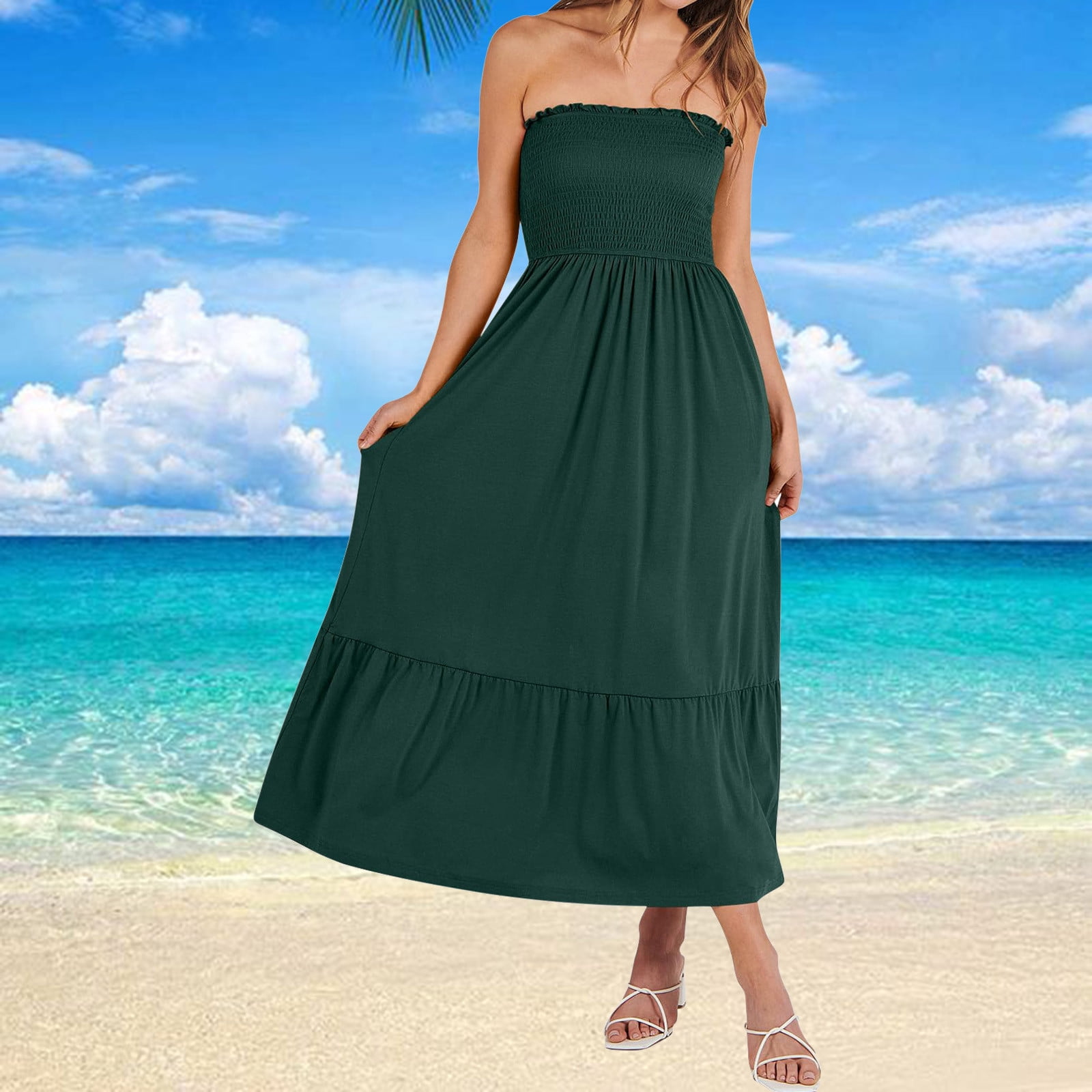 Gspmoly Robes pour Femmes, Robe d'Été pour Femmes Sans Bretelles Smockée Évasée en Ligne A Mode Bohème de Plage Robe de Fête Longue Maxi avec Poches Robes de Cocktail pour Femmes Offres des Fêtes