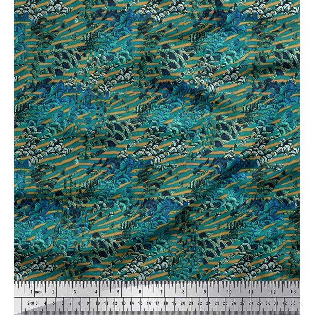 Soimoi Blue Poly Georgette Fabric Peacock & Fish Animal Skin Printed Fabric 1 Yard 52 Inch Wide