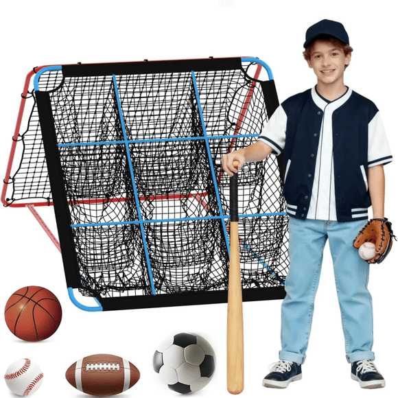 Équipement d'Entraînement pour Filets de Baseball – Entraîneur de Dos Ouvert 2-en-1 Ajustable avec Cible à 9 Trous – Filet de Rebond à 12 Angles pour Baseball/Softball – Pratique Multisport de Lancer et de Terrain