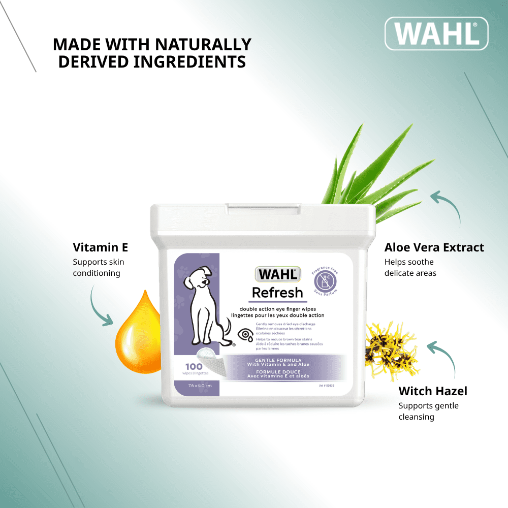 Wahl Refresh Eye Care Finger Wipes for Dogs – Dual-Sided Silicone & Soft Pearl Textures Remove Tear Stains & Debris, Fragrance-Free with Vitamin E & Aloe, Model-58557