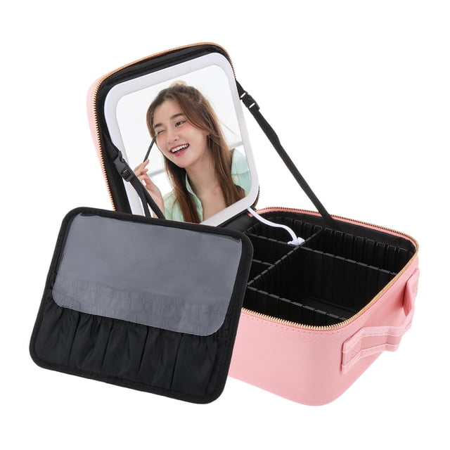 Make Organizer with Lighted Mirror Adjustable Dividers Cosmetic Bag Shockproof Professional Large Capacity 3 Color Brightness Portable Pink