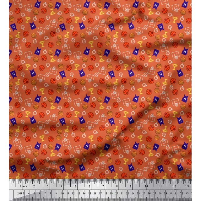 Soimoi Silk Fabric Trophy,Timer Clock & Basketball Sports Decor Fabric Printed Yard 42 Inch Wide