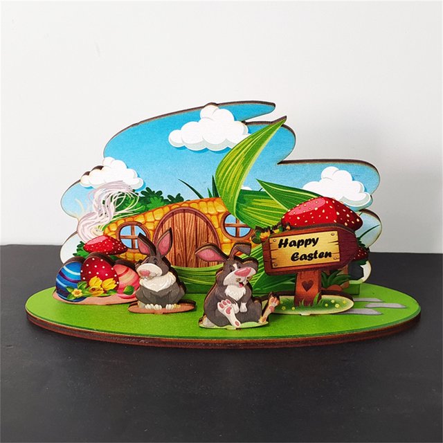 XZNGL Easter Rabbit Bunny Desktop Decoration Ornament Wooden Painting Bunny Easter Holiday Table Decoration