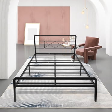 Cadre de Lit Simple avec Tête de Lit et Pied de Lit, Cadre de Lit Plateforme en Métal de 14 Pouces avec Lattes Métalliques Robustes, Rangement sous le Lit, Base de Matelas Sans Sommier Requis