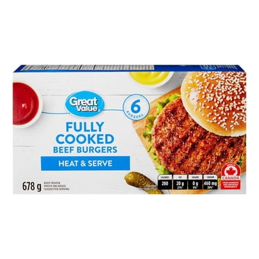 Great Value Fully Cooked Beef Burgers, 6 burgers, 678 g