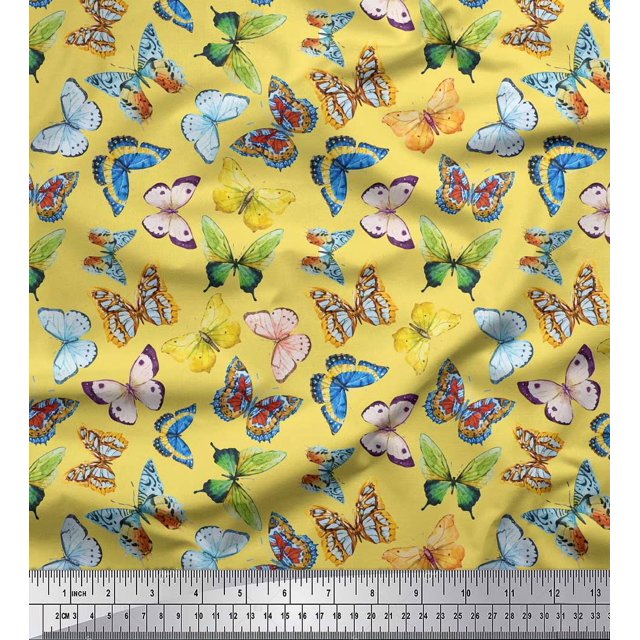 Soimoi Yellow Velvet Fabric Colorful Butterfly Decor Fabric Printed Yard 58 Inch Wide