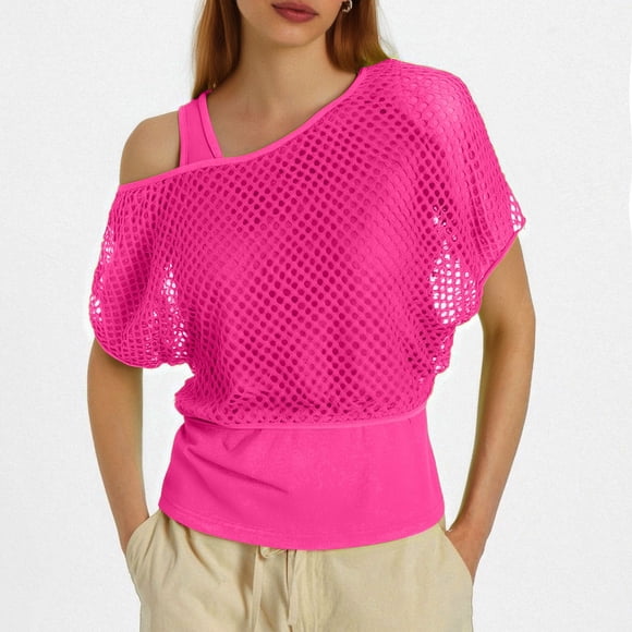 Women's 80s T-Shirts Neon Fishnet Mesh Top Off Shoulder Tops for Women, Retro Style and Party Wear for Unique Fashion Statements