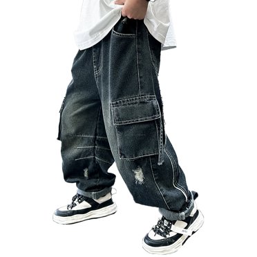 XASZHN Jeans Amples Décontractés à Jambe Droite pour Garçon, Taille Élastique, Pantalon en Denim Ample avec Poches, Noir 140