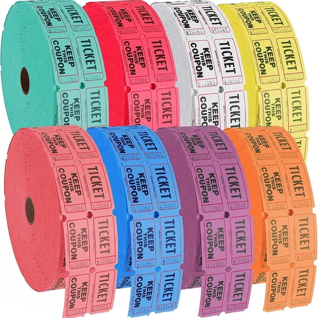 Miangastore 1 Roll of Raffle Tickets with 500 paper tickets in vibrant colors, designed for events like carnivals, parties, and celebrations. Each ticket measures 5.00x2.50x0.05cm and is made from durable paper for long-lasting use. Perfect for entry, food, prize distribution, or amusement park coupons.