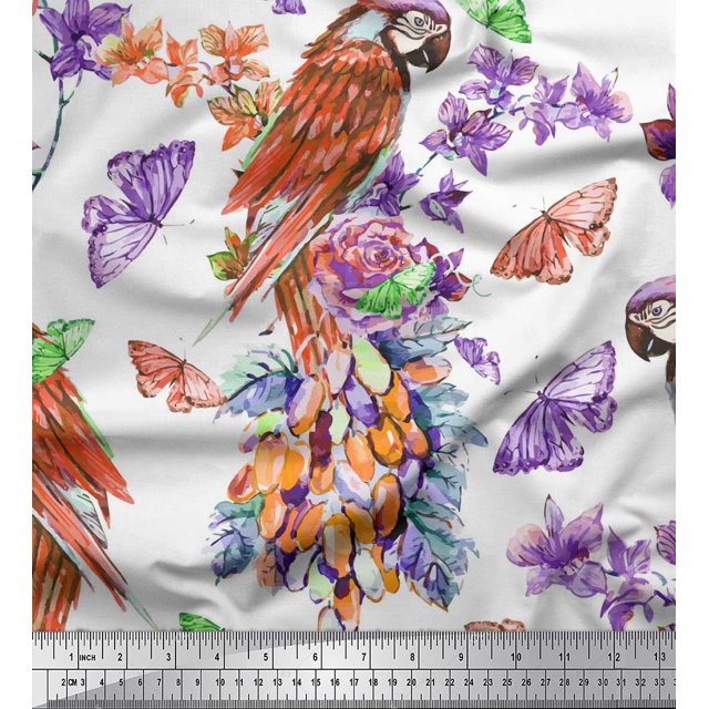 Soimoi Orange Japan Crepe Satin Fabric Floral,Insect & Parrot Bird Printed Fabric 1 Yard 42 Inch Wide