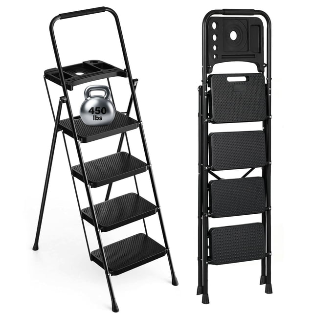 PhiloDeco 4 Step Ladder, Folding Step Stool with Tool Platform, 450lbs with Auto-Lock, Ultra-Thin Portable, Iron ladders, Rustproof & Multi-Purpose for Home Outdoor Garage