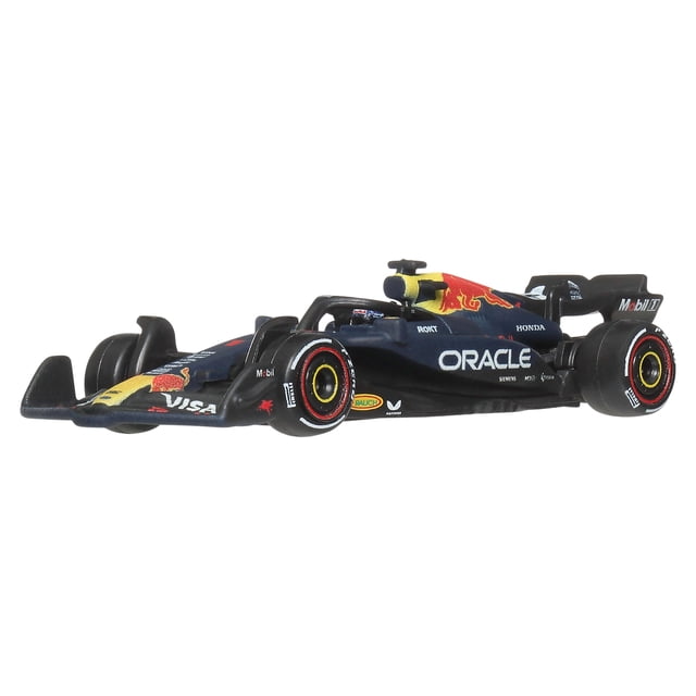 Hot Wheels 1:64 Scale Premium Die-Cast Formula 1 Collectible Toy Race Car, Oracle Red Bull Racing, shown in a 3/4 front-left view with metal body and chassis, dark blue and black livery with red and yellow Red Bull logos, Real Riders tires with detailed rims, and sponsor decals including Oracle, Honda, Mobil 1, and Visa, isolated on white background, ideal for collectors and slot car enthusiasts.