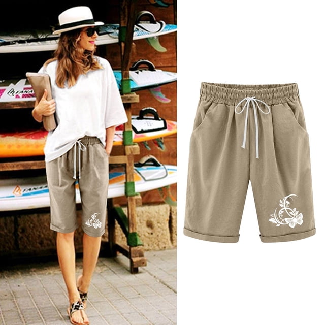 Aqestyerly Pantalon Capri en Coton et Lin Imprimé d'Été pour Femme, Tenue Décontractée, Très Grand