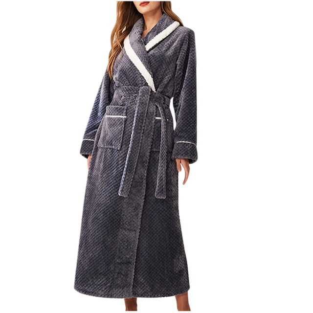 HAiming Womens Fleece Plus Size Robes Long Bathrobe in grey, featuring a soft and thick fabric with a textured pattern. The robe includes a shawl collar with white trim, long sleeves, two front pockets, and a matching belt for a secure fit. Designed for comfort and warmth, it is ideal for lounging or as sleepwear.