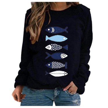 Long Sleeves for Women Fashion Women Small Fish Printing Long Sleeves Sweatshirt Tops