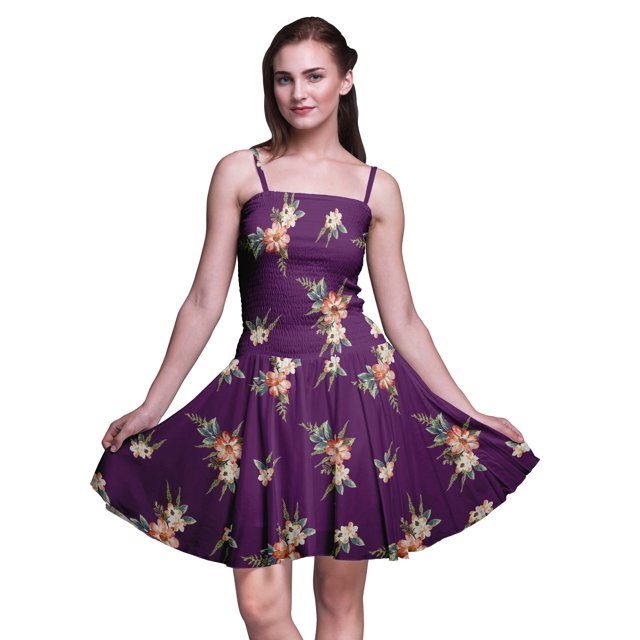 Bimba Robe Soleil Mini à Taille Smockée pour Femmes à Imprimé Floral, Tenue de Fête d'Été pour les Vacances - XX-Grand