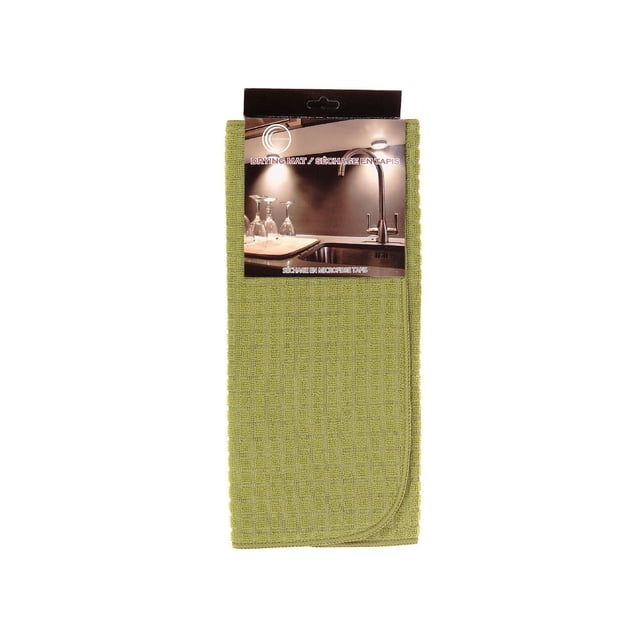 Microfibre Drying Mat (Green) - Set of 2 showing a folded green microfiber drying mat with waffle weave texture and rounded corner, packaged with a label depicting a kitchen sink and glassware; designed to absorb water on countertops and keep kitchen surfaces dry, also suitable as a versatile kitchen linen.