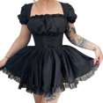 thumbnail image 1 of FAROOT Women?s Solid Color Bandage Puff Sleeve Lace Trim A-line Short Dress, 1 of 5