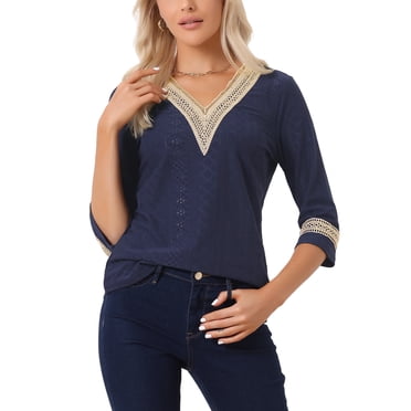 INSPIRE CHIC Women's Tops 3/4 Sleeves V Neck Contrast Color Lace Trim Casual Blouses Navy Blue M