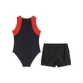 thumbnail image 4 of MSemis Justaucorps de Gymnastique Sans Manches pour Garçons, Combinaison de Danse Ballet avec Short Athlétique, Ensemble de Compétition et d'Entraînement, Rouge&Noir 8, 4 of 7