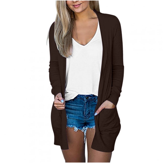 AherBiu Womens Cardigan Tops Long Sleeve Open Front Mid-Long Outwear with Pockets Spring Clothes