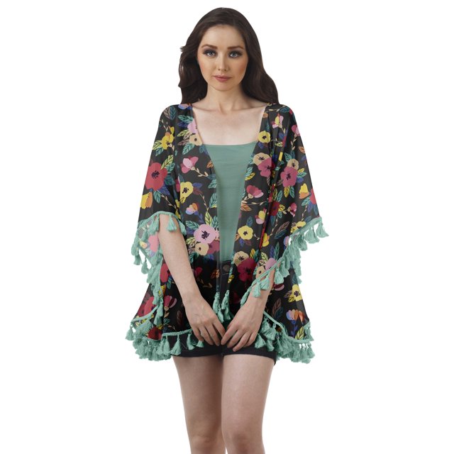 Moomaya Vêtements de Plage Imprimés pour Femmes Boléro à Franges Cache-Maillot Cardigan